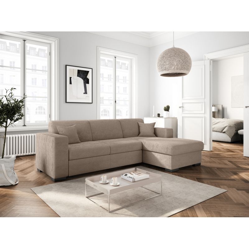 Canapé d'angle convertible avec coffre en velours côtelé - Taupe