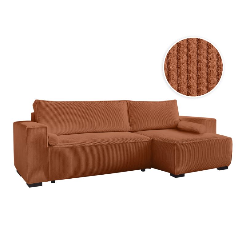 Canapé d'angle convertible réversible avec coffre en velours côtelé - Terracotta