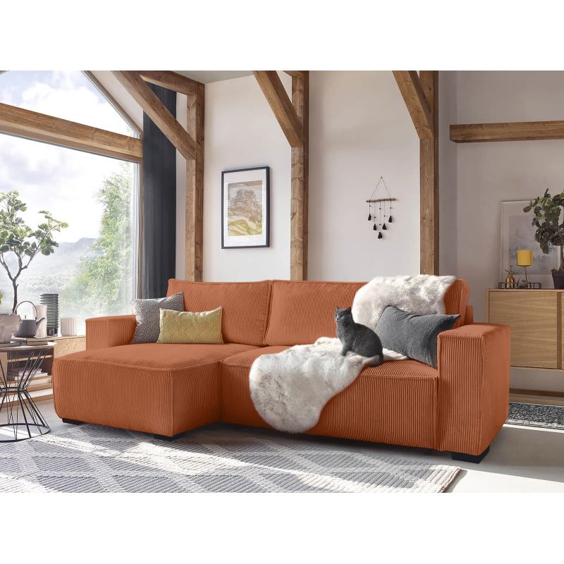 Canapé d'angle convertible réversible avec coffre en velours côtelé - Terracotta