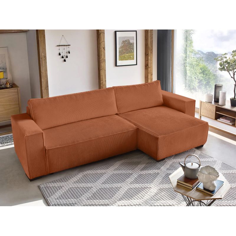 Canapé d'angle convertible réversible avec coffre en velours côtelé - Terracotta