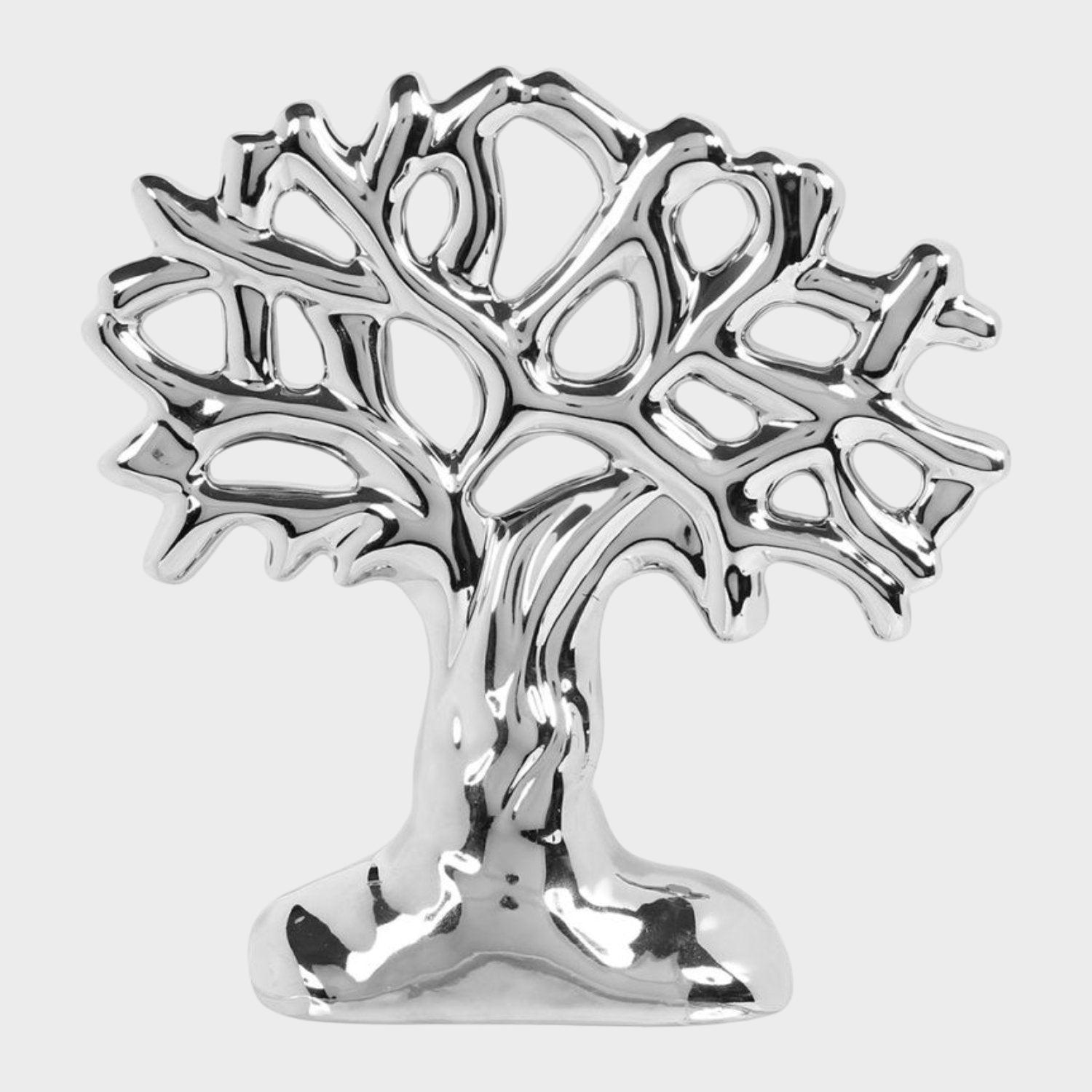 Décoration en céramique argentée représentant un arbre stylisé, symbolisant la vie et le renouveau.