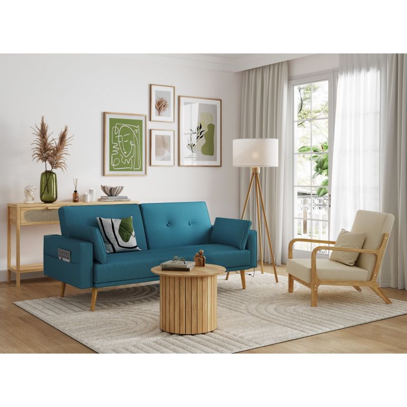 Canapé droit 3 places scandinave convertible en tissu - Bleu pétrole