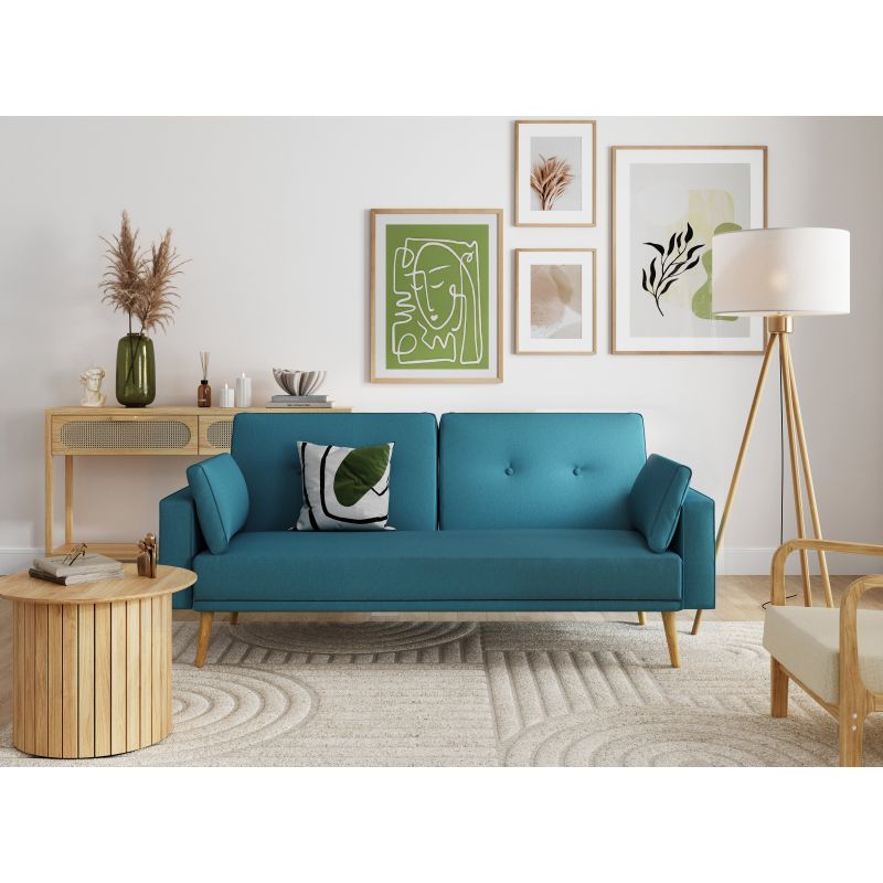 Canapé droit 3 places scandinave convertible en tissu - Bleu pétrole