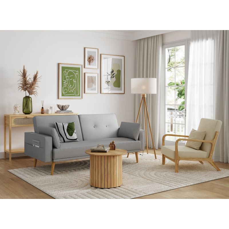Canapé droit 3 places scandinave convertible en tissu - Gris clair