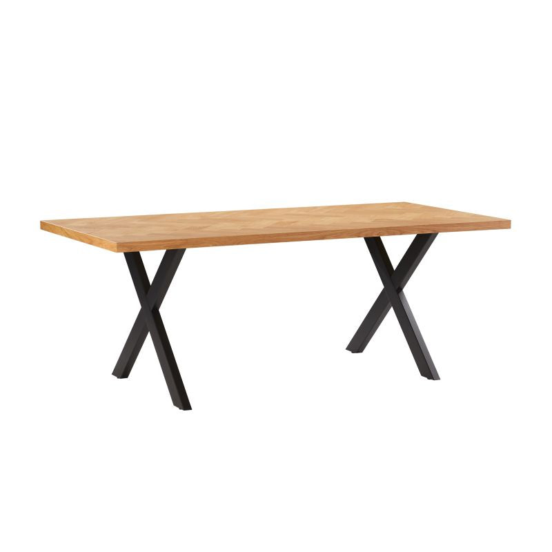 Table à manger 200cm avec plateau chevron finition chêne et pieds métal noir - Bois