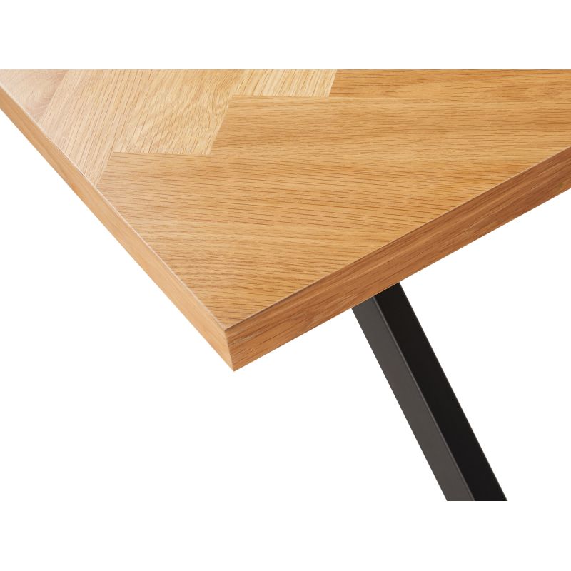 Table à manger 200cm avec plateau chevron finition chêne et pieds métal noir - Bois