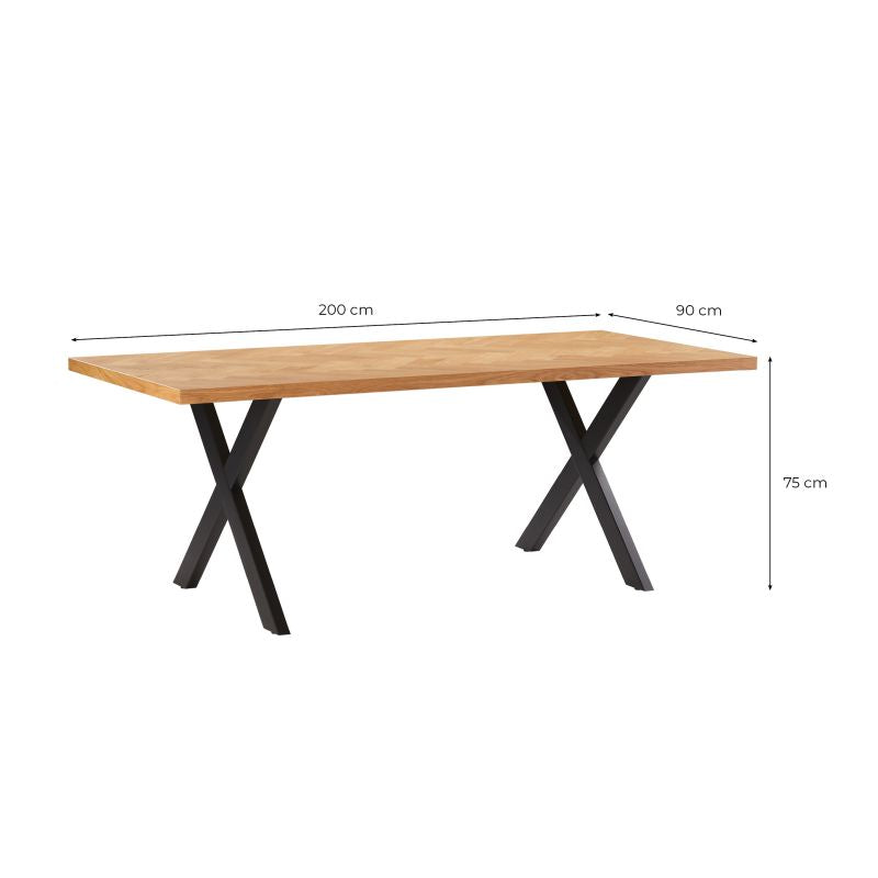 Table à manger 200cm avec plateau chevron finition chêne et pieds métal noir - Bois