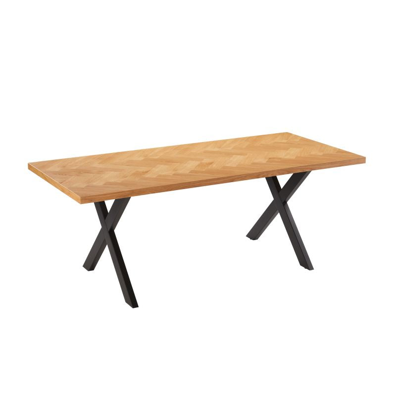Table à manger 200cm avec plateau chevron finition chêne et pieds métal noir - Bois