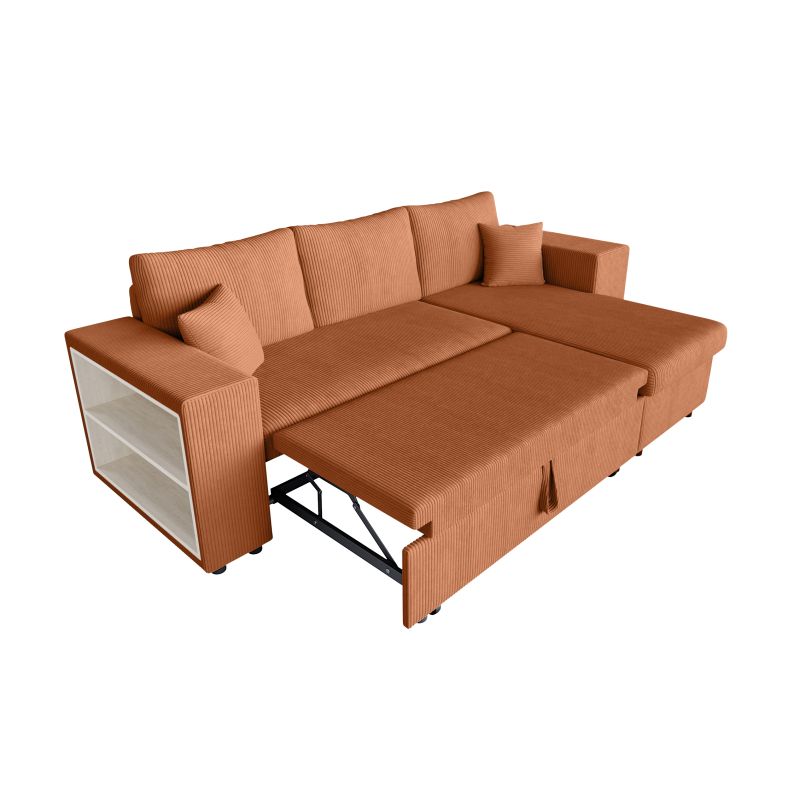 Canapé d'angle convertible avec coffre, 2 poufs et étagère en velours côtelé - Terracotta