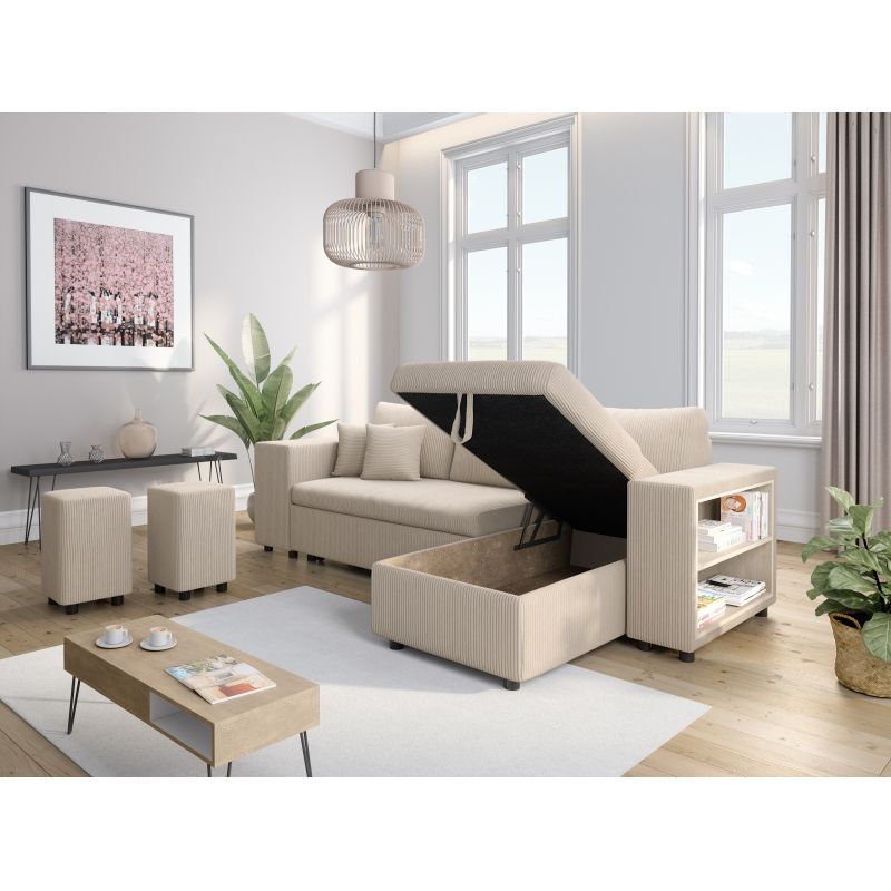 Canapé d'angle convertible avec coffre, 2 poufs et étagère en velours côtelé - Beige
