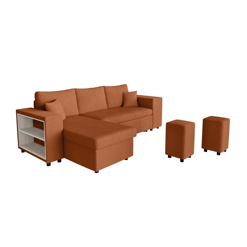 Canapé d'angle convertible avec coffre, 2 poufs et étagère en velours côtelé - Terracotta