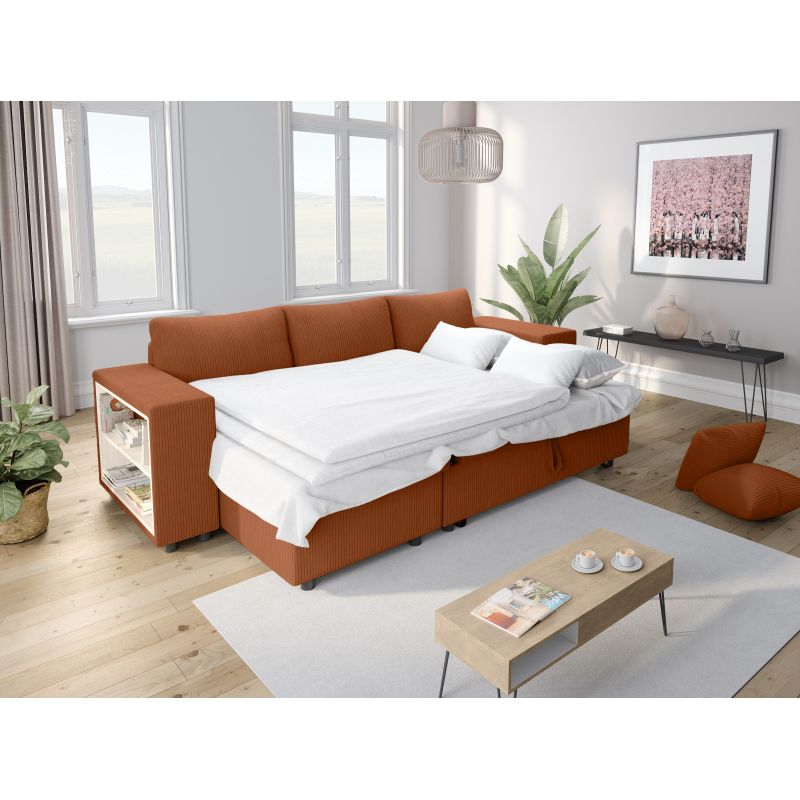 Canapé d'angle convertible avec coffre, 2 poufs et étagère en velours côtelé - Terracotta