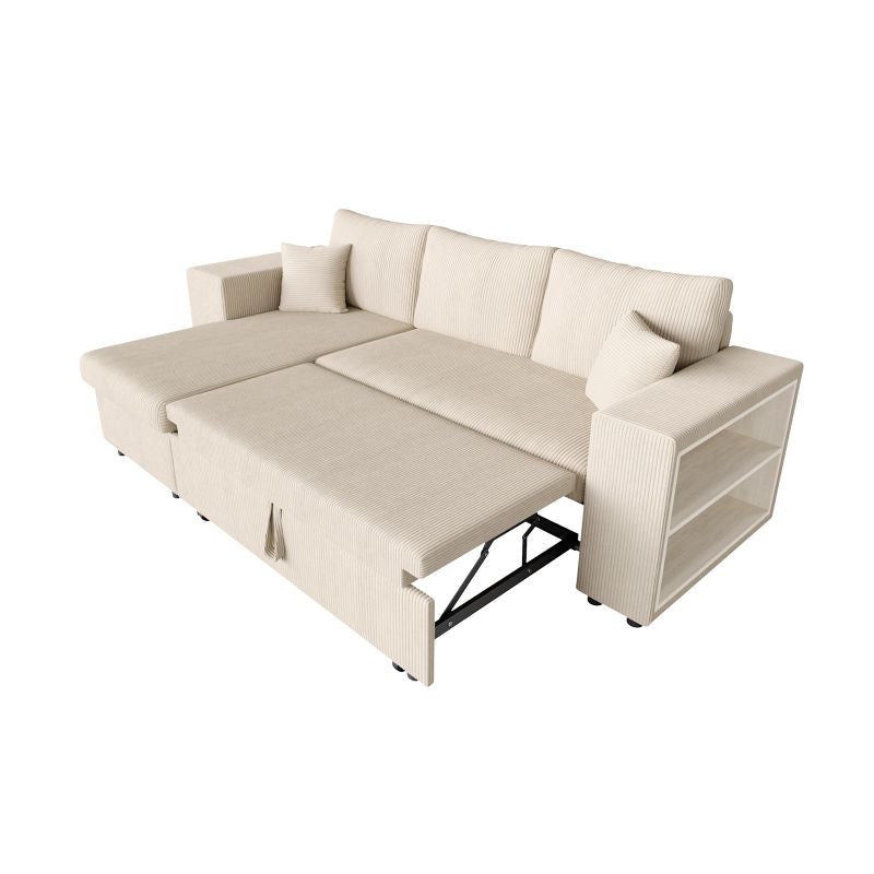 Canapé d'angle convertible avec coffre, 2 poufs et étagère en velours côtelé - Beige