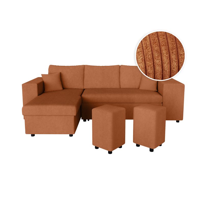 Canapé d'angle convertible avec coffre, 2 poufs et étagère en velours côtelé - Terracotta