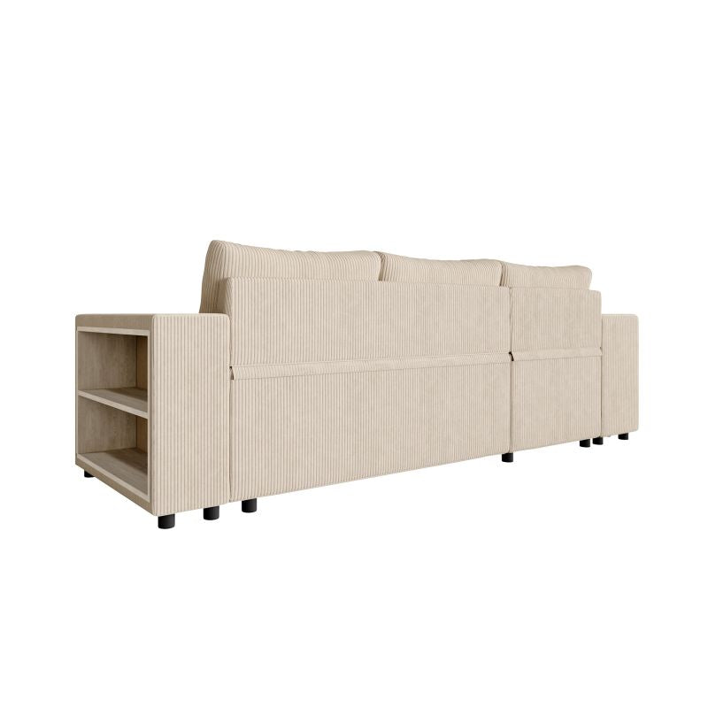 Canapé d'angle convertible avec coffre, 2 poufs et étagère en velours côtelé - Beige