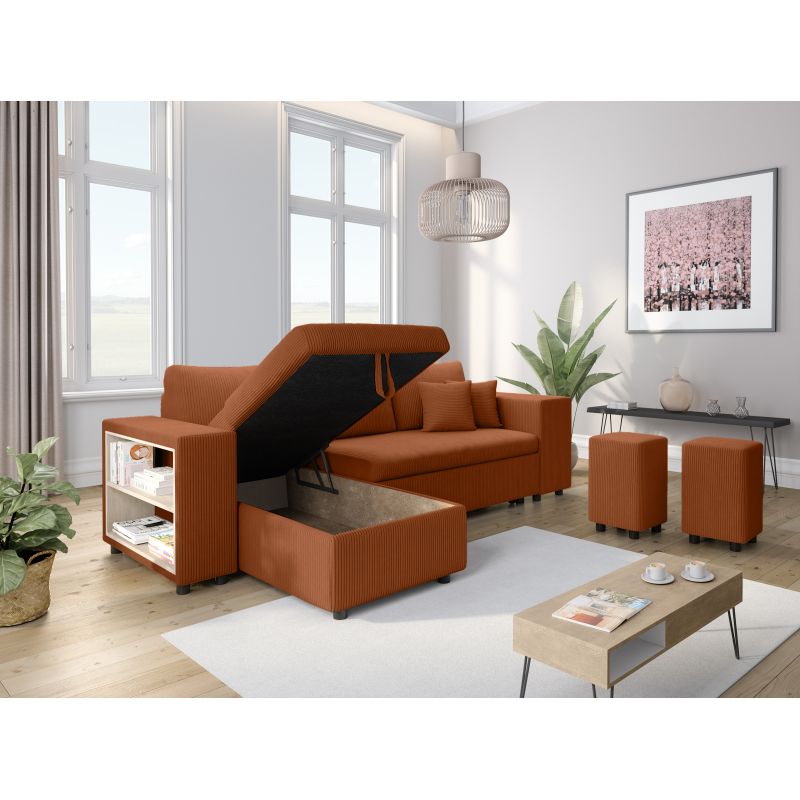 Canapé d'angle convertible avec coffre, 2 poufs et étagère en velours côtelé - Terracotta