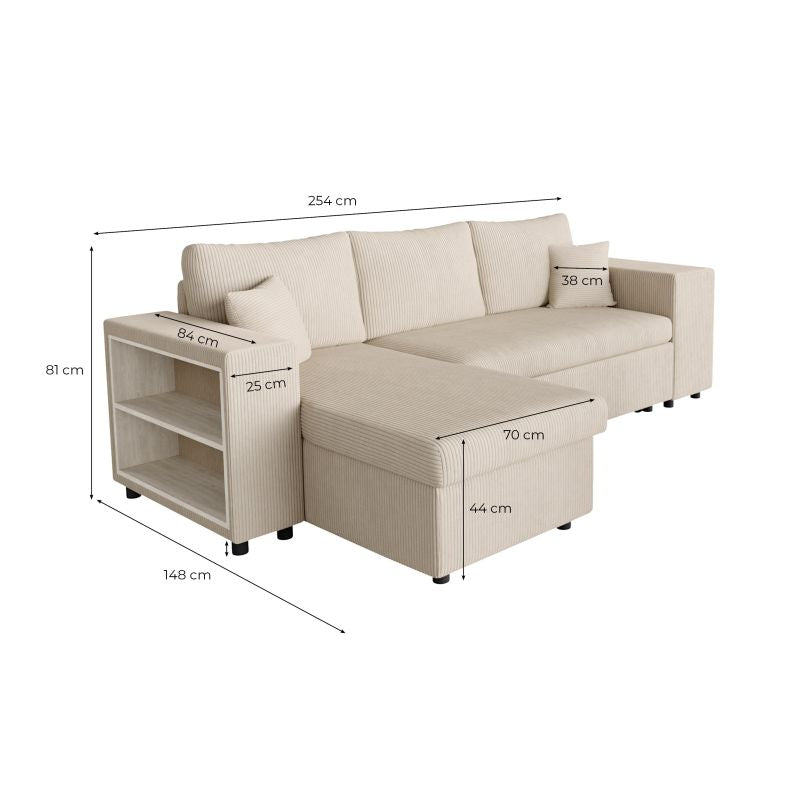 Canapé d'angle convertible avec coffre, 2 poufs et étagère en velours côtelé - Terracotta