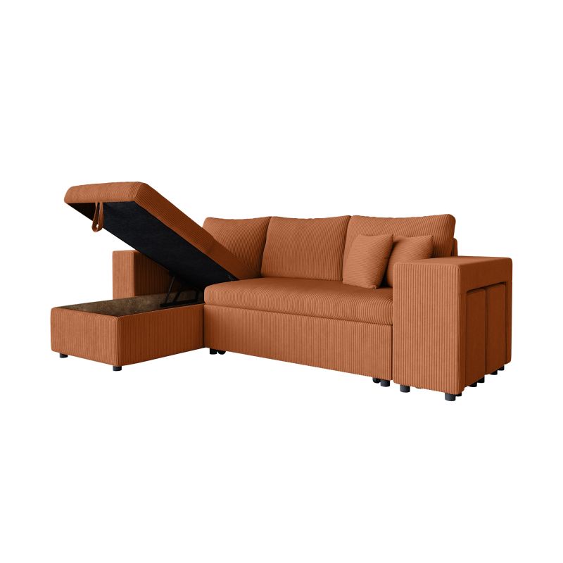 Canapé d'angle convertible avec coffre, 2 poufs et étagère en velours côtelé - Terracotta