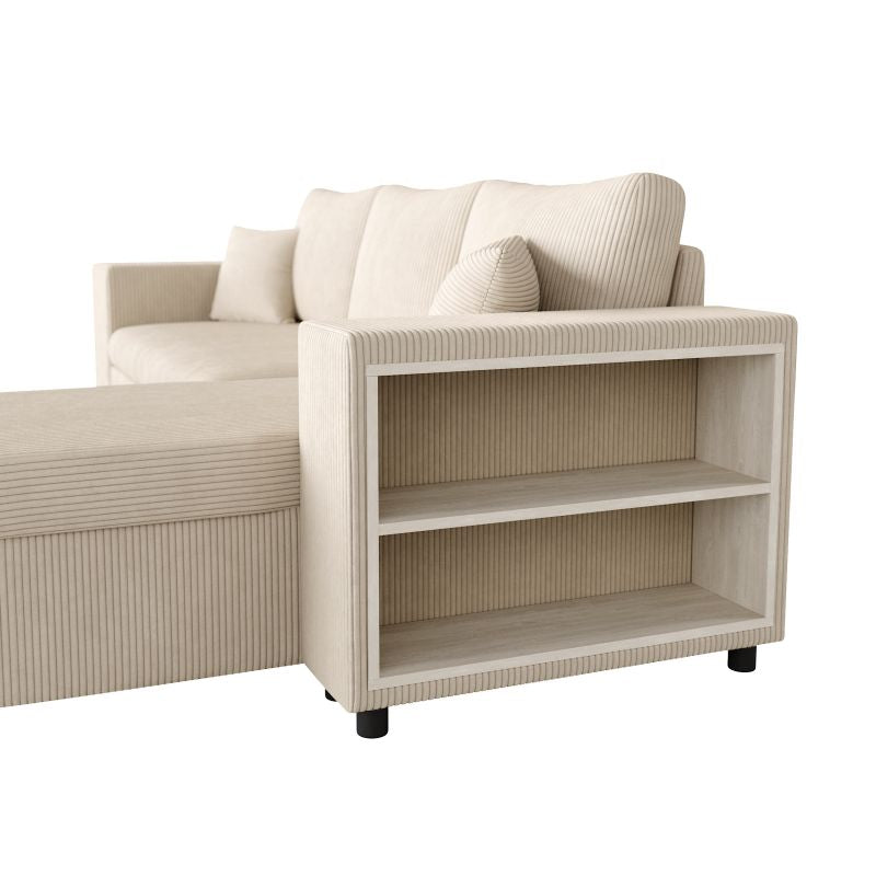 Canapé d'angle convertible avec coffre, 2 poufs et étagère en velours côtelé - Beige