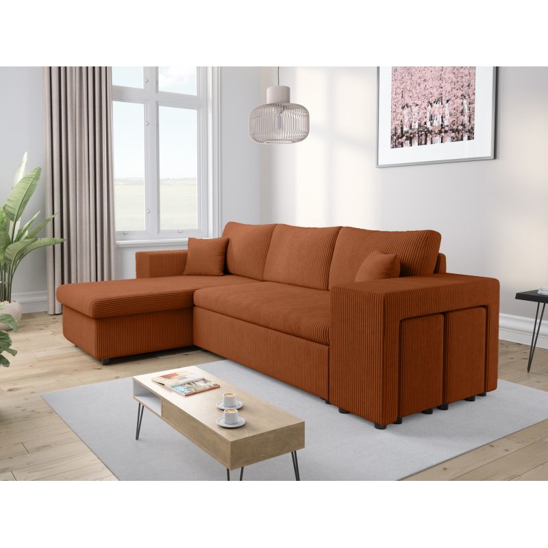 Canapé d'angle convertible avec coffre, 2 poufs et étagère en velours côtelé - Terracotta