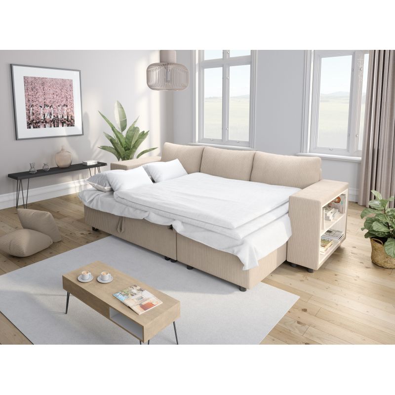 Canapé d'angle convertible avec coffre, 2 poufs et étagère en velours côtelé - Beige