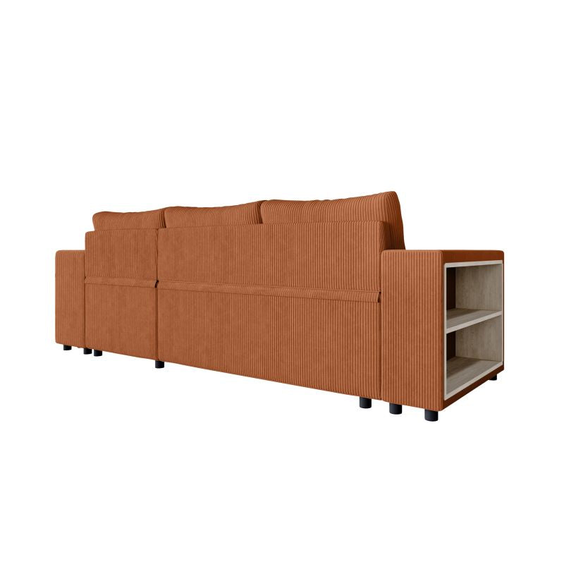 Canapé d'angle convertible avec coffre, 2 poufs et étagère en velours côtelé - Terracotta