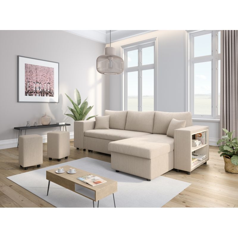 Canapé d'angle convertible avec coffre, 2 poufs et étagère en velours côtelé - Beige
