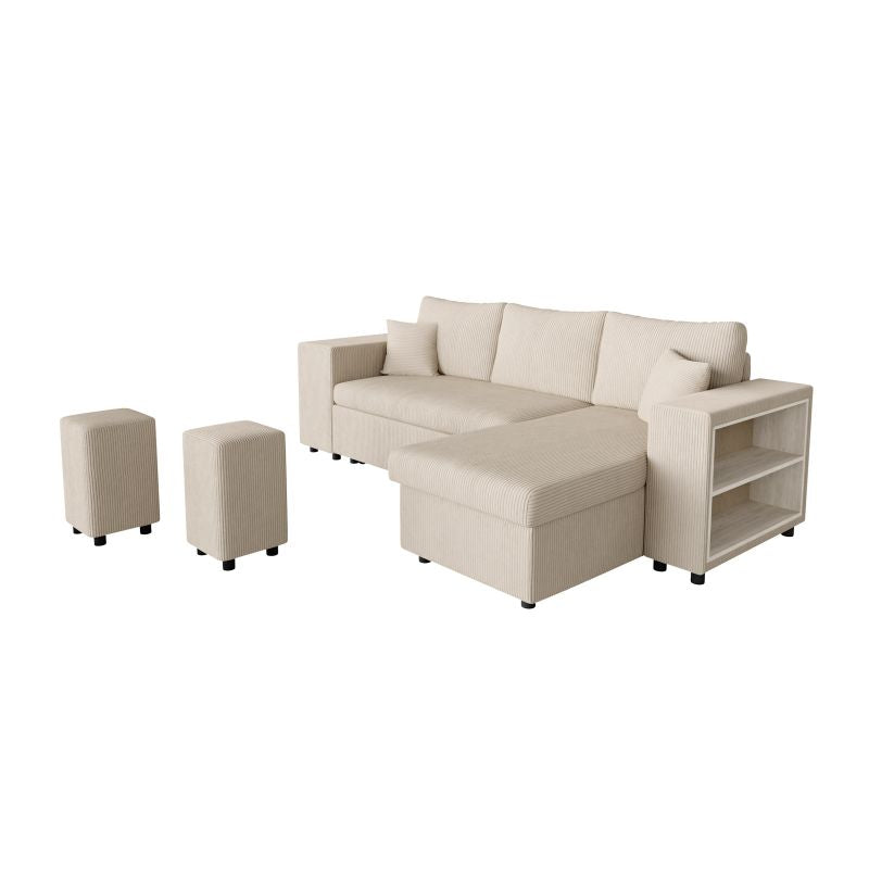 Canapé d'angle convertible avec coffre, 2 poufs et étagère en velours côtelé - Beige