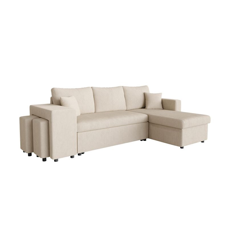 Canapé d'angle réversible convertible avec coffre et 2 poufs en velours côtelé - Beige