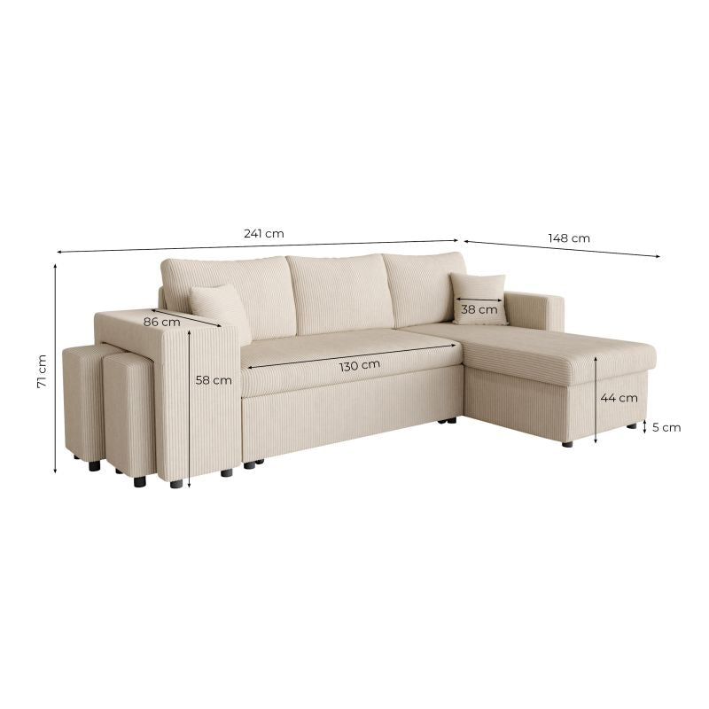 Canapé d'angle réversible convertible avec coffre et 2 poufs en velours côtelé - Beige