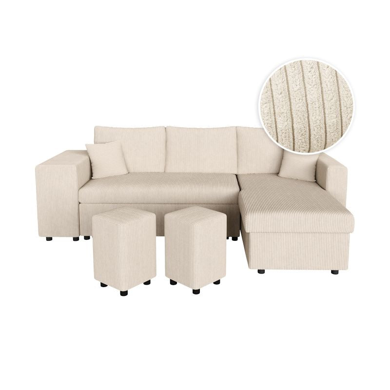 Canapé d'angle réversible convertible avec coffre et 2 poufs en velours côtelé - Beige