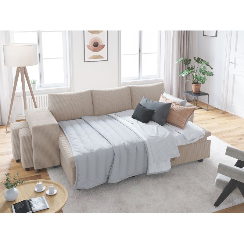 Canapé d'angle réversible convertible avec coffre et 2 poufs en velours côtelé - Beige