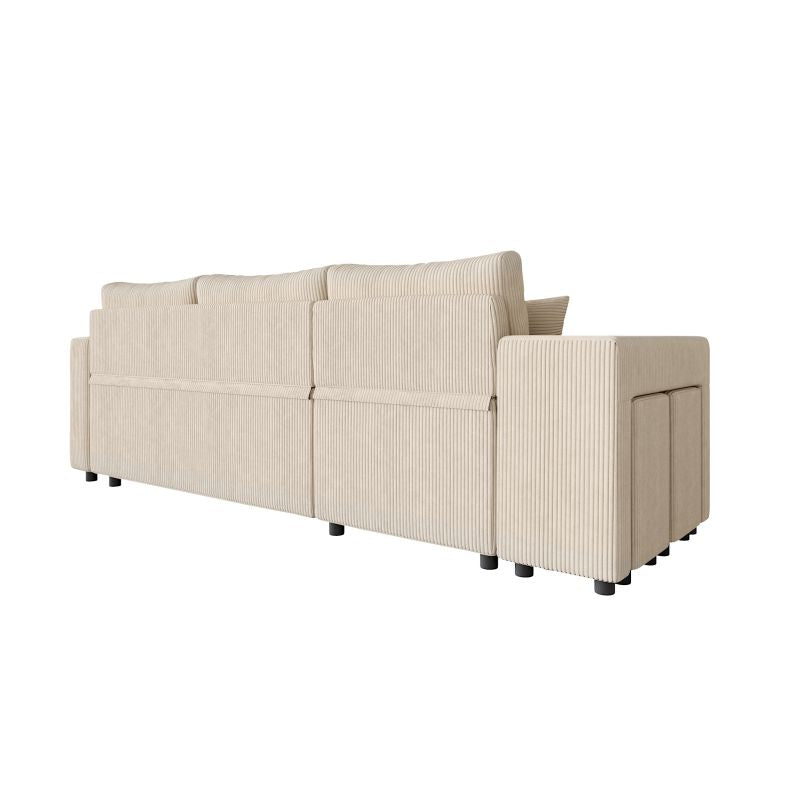 Canapé d'angle réversible convertible avec coffre et 2 poufs en velours côtelé - Beige