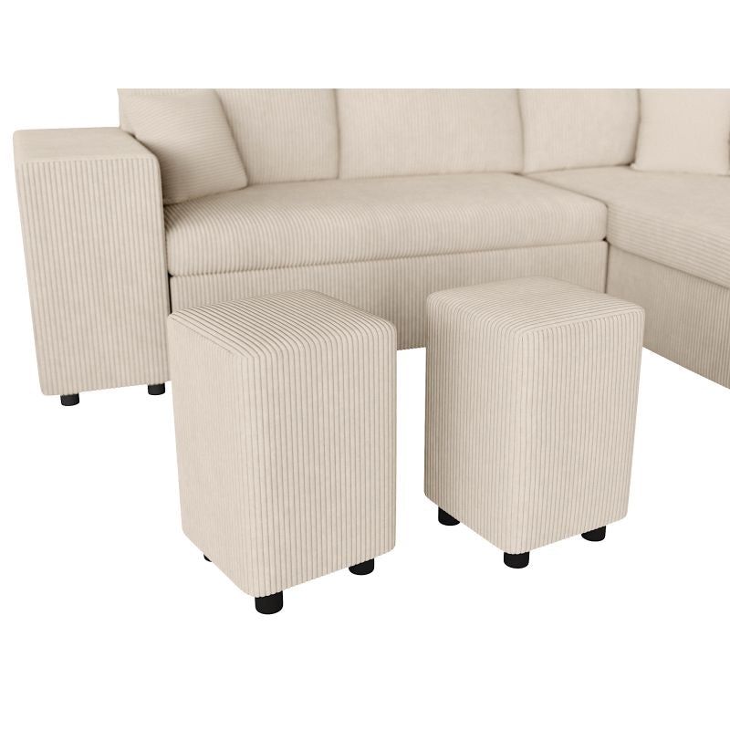 Canapé d'angle réversible convertible avec coffre et 2 poufs en velours côtelé - Beige