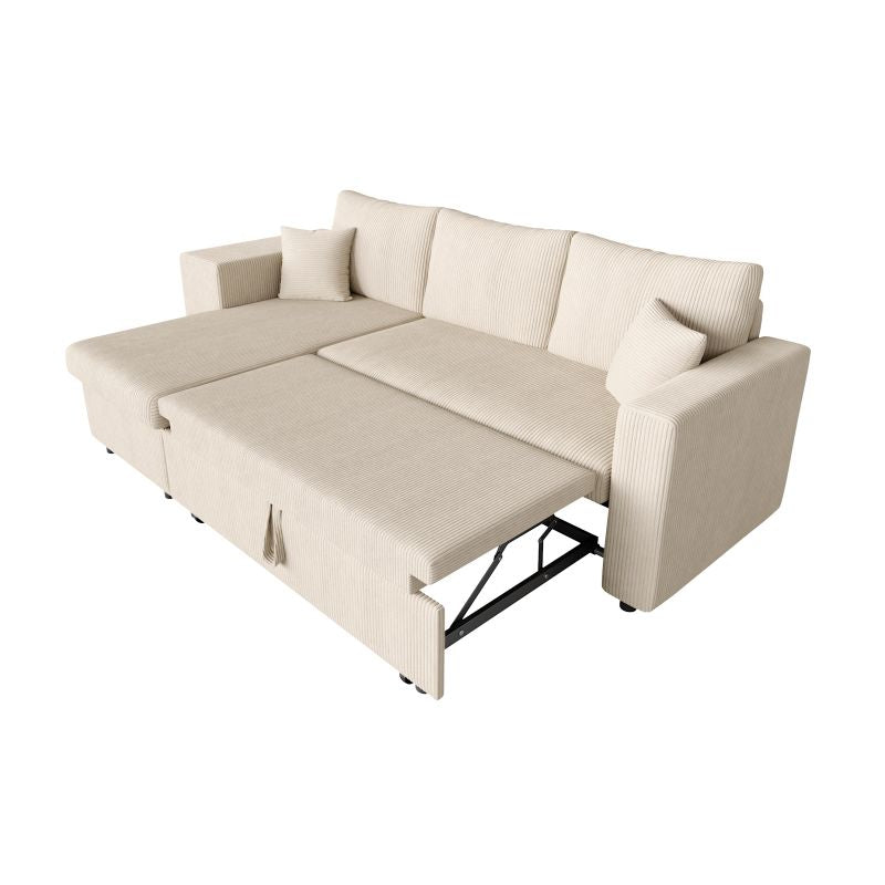 Canapé d'angle réversible convertible avec coffre et 2 poufs en velours côtelé - Beige