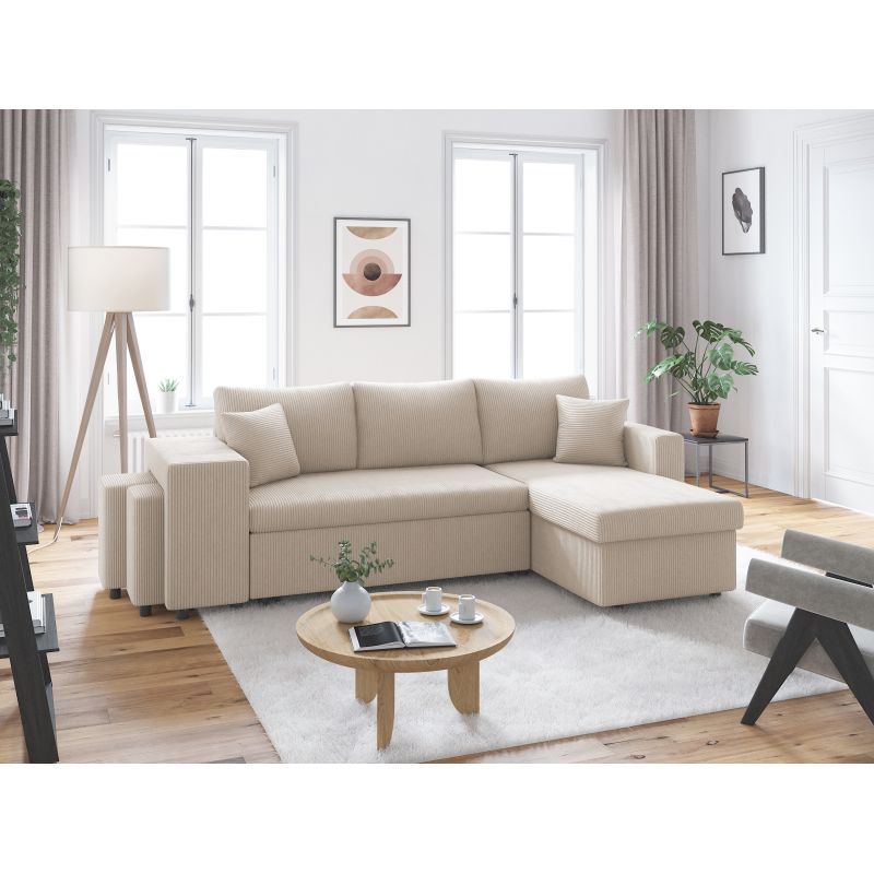 Canapé d'angle réversible convertible avec coffre et 2 poufs en velours côtelé - Beige