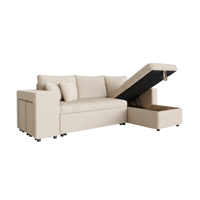 Canapé d'angle réversible convertible avec coffre et 2 poufs en velours côtelé - Beige