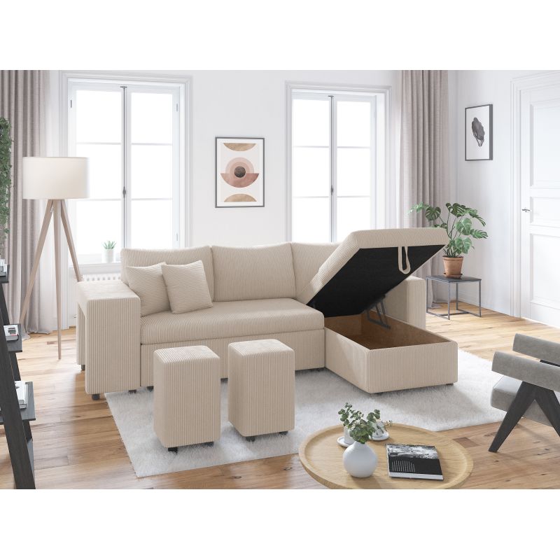 Canapé d'angle réversible convertible avec coffre et 2 poufs en velours côtelé - Beige