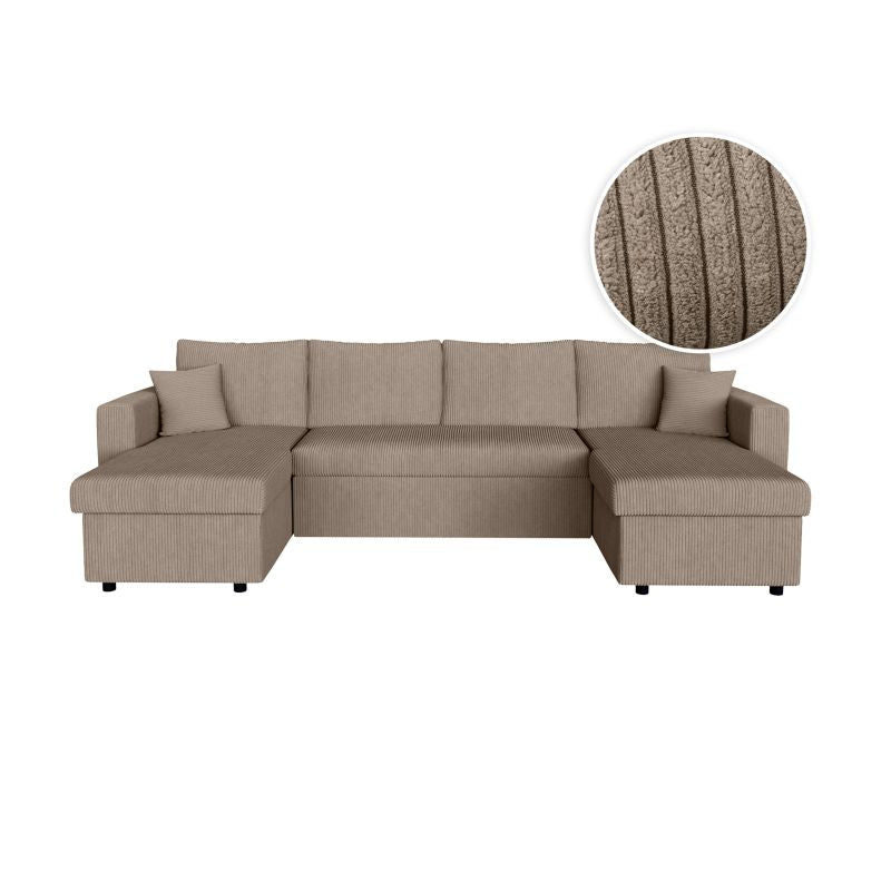 Canapé panoramique convertible avec 2 coffres en velours côtelé - Taupe