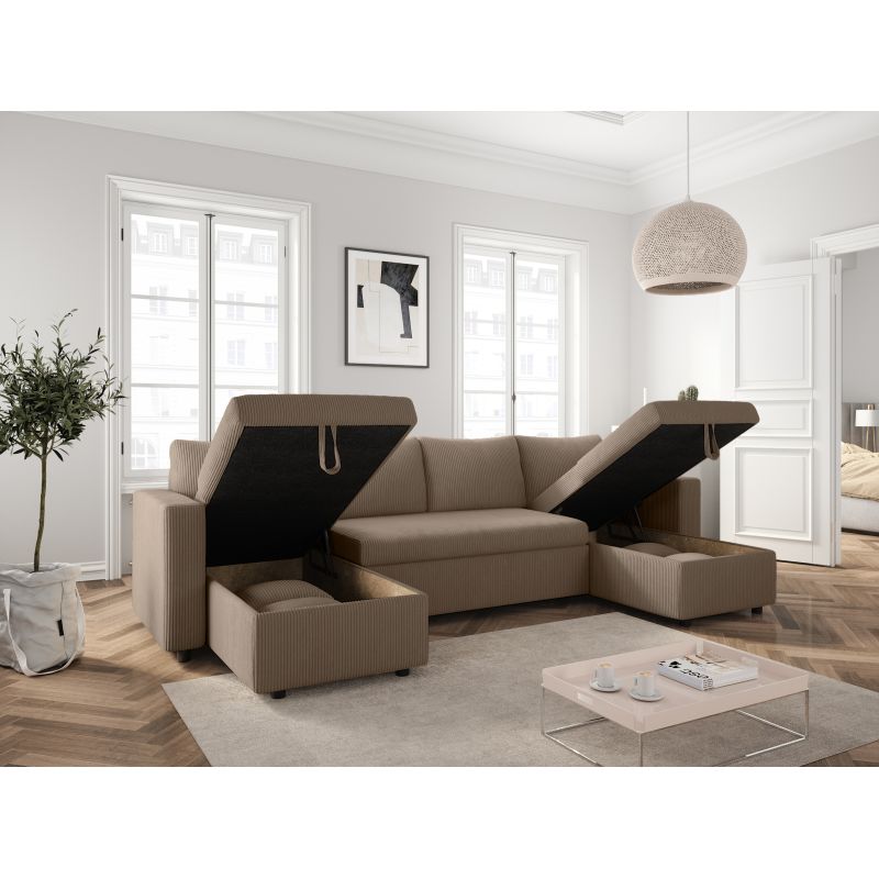Canapé panoramique convertible avec 2 coffres en velours côtelé - Taupe