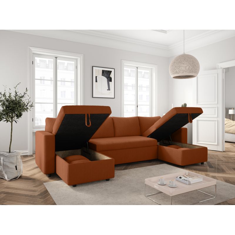 Canapé panoramique convertible avec 2 coffres en velours côtelé - Terracotta