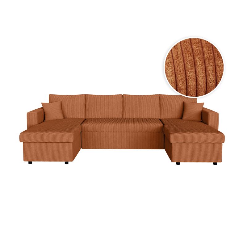 Canapé panoramique convertible avec 2 coffres en velours côtelé - Terracotta