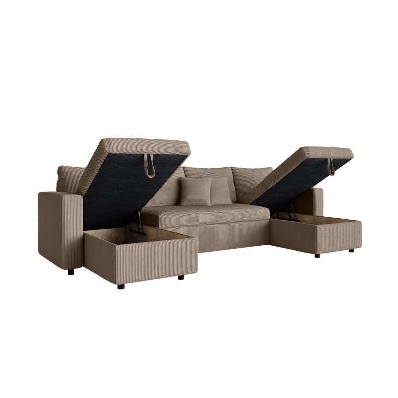 Canapé panoramique convertible avec 2 coffres en velours côtelé - Taupe