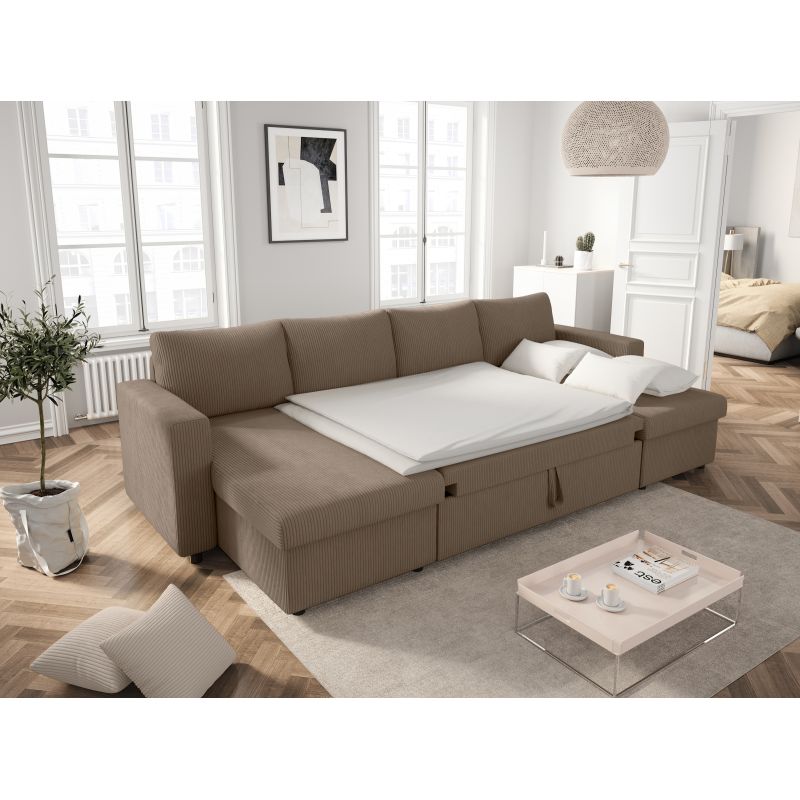 Canapé panoramique convertible avec 2 coffres en velours côtelé - Taupe