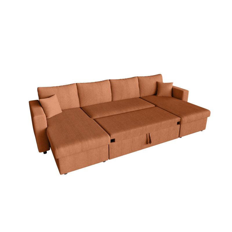 Canapé panoramique convertible avec 2 coffres en velours côtelé - Terracotta
