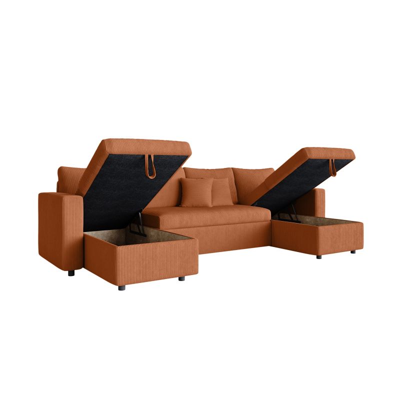 Canapé panoramique convertible avec 2 coffres en velours côtelé - Terracotta