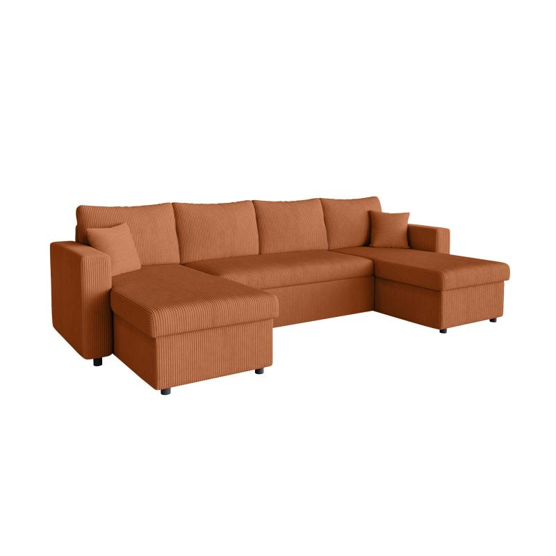 Canapé panoramique convertible avec 2 coffres en velours côtelé - Terracotta