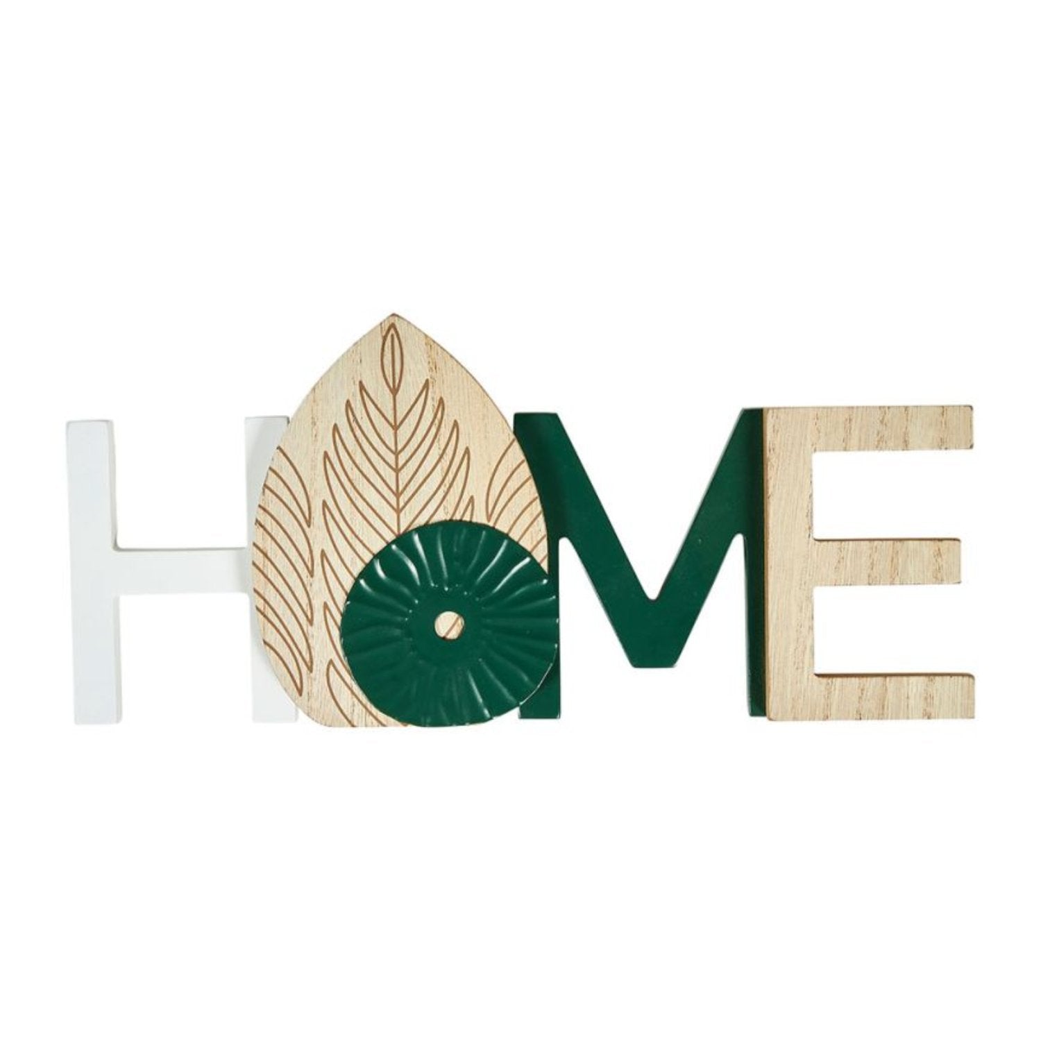 Mot déco "Home" en bois vert et naturel posé dans un salon accueillant et chaleureux