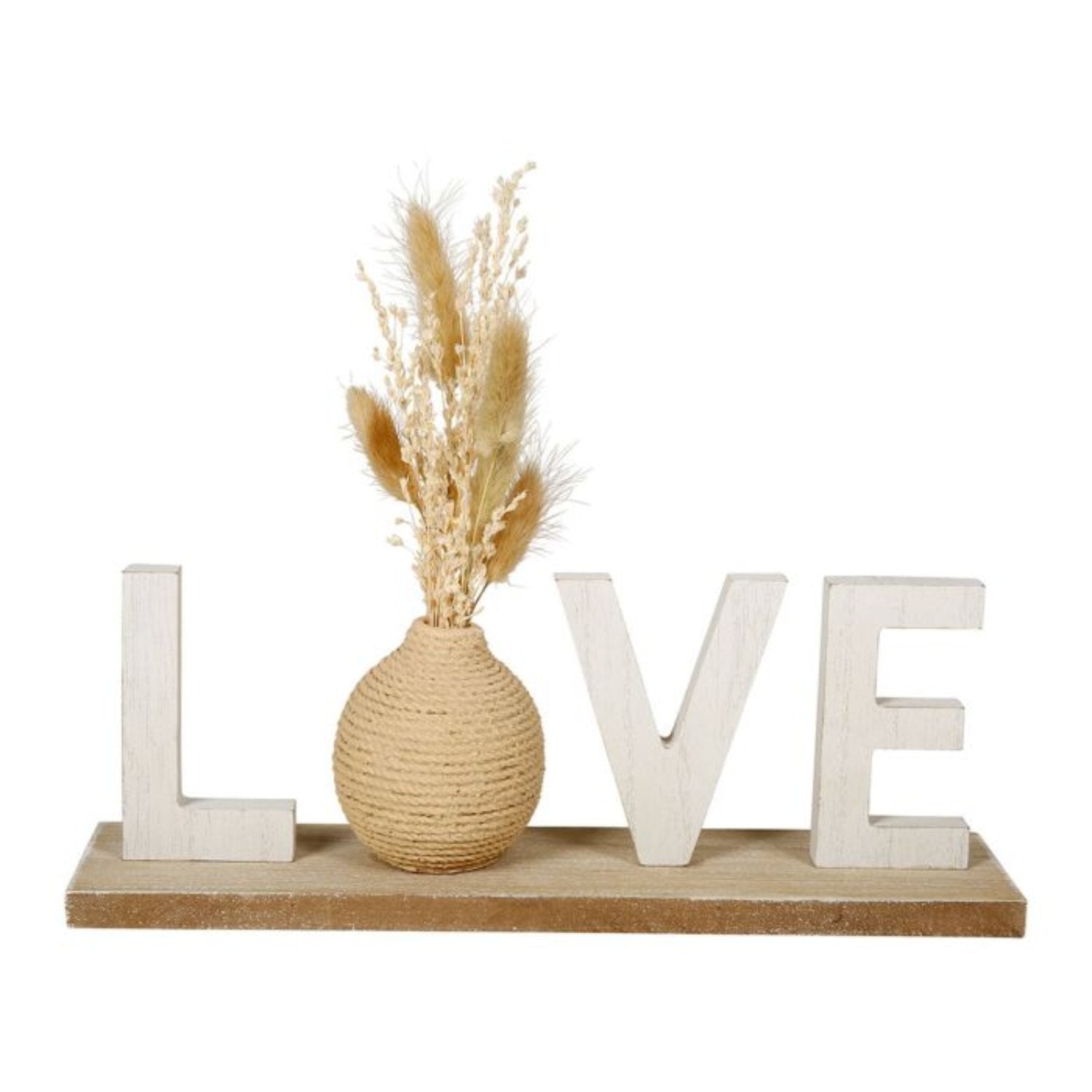 Mots déco en bois avec fleurs séchées 'Love', ajoutant chaleur et romantisme à la décoration intérieure.