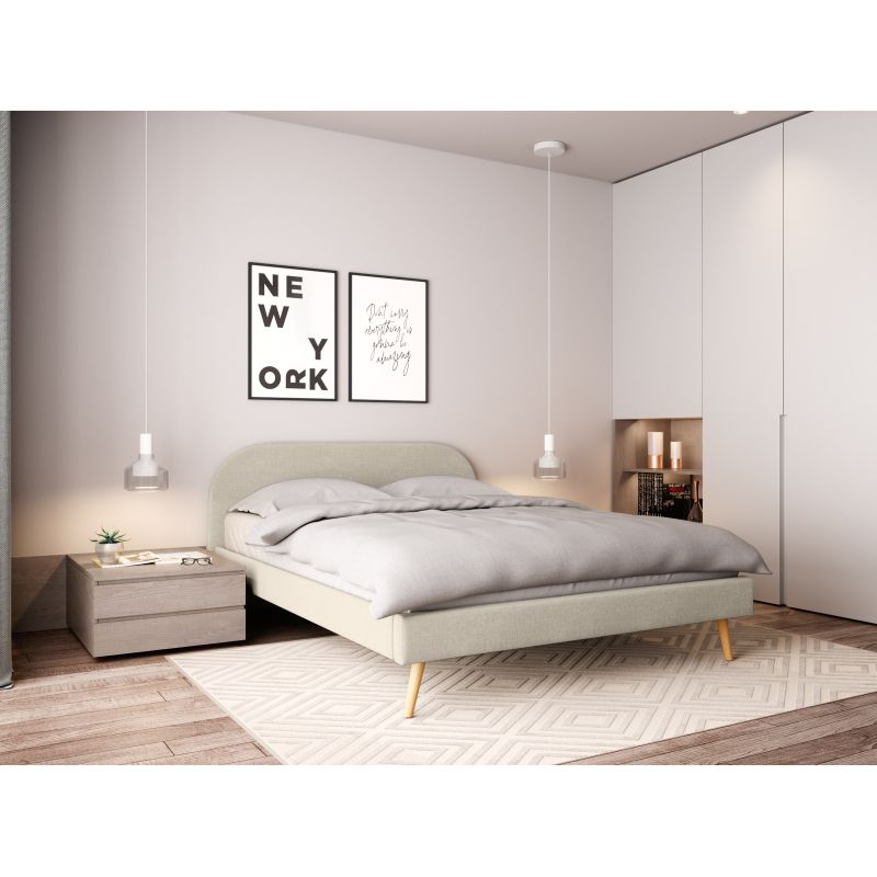 Cadre de lit scandinave avec tête de lit et sommier à lattes en tissu - Beige
